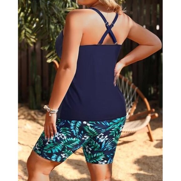 Aqua Eve Plus Size 24W Two-Piece Swimsuit High-Waisted Long Boy Shorts Pockets - Picture 5 of 11